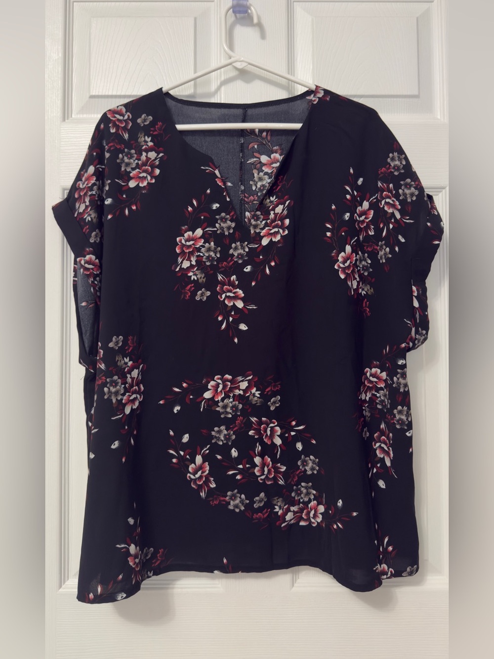 SHEIN Black Floral V-Neck Blouse with Pink Accents